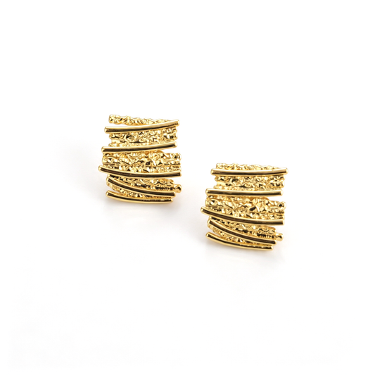 Front view of layered bar stud earrings with irregular textured details