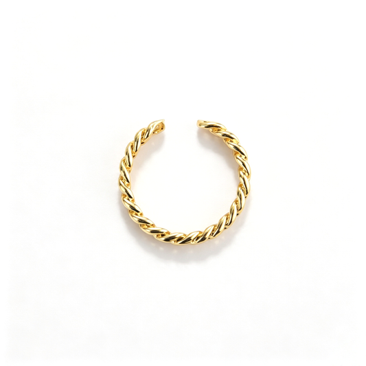 Twisted chain cuff bracelet shown from an angled side view with interwoven links