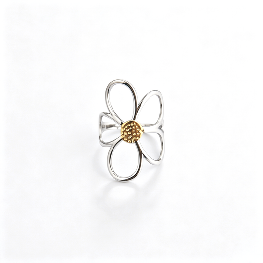 Front perspective displaying the openwork daisy petals and gold electroplated textured center.