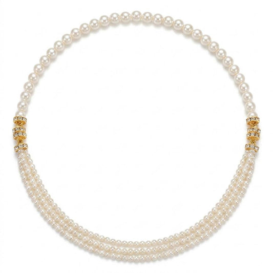 Symmetrical white multi-strand faux pearl necklace isolated on a white background, featuring a single large strand merging into a three-strand layer via gold-plated crystal connectors.