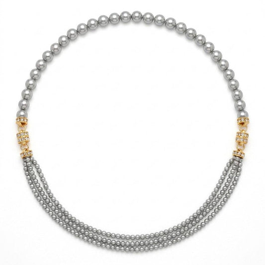 Studio flat lay of the 92.5cm grey multi-strand pearl choker necklace with gold crystal spacers on a clean white background.
