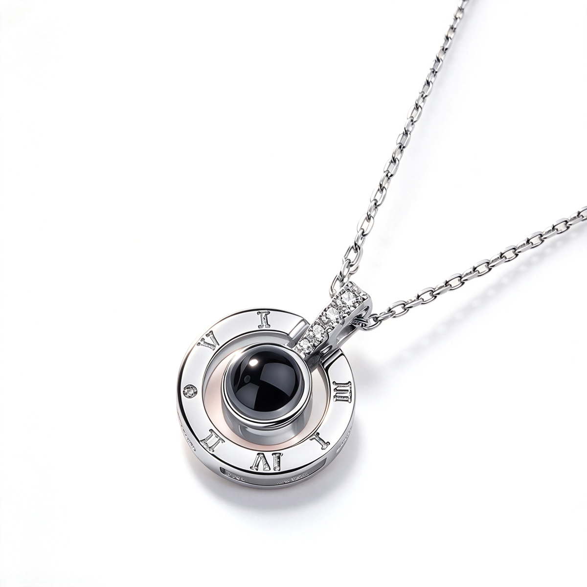 100 languages projection necklace with a Roman numeral pendant and dark center accent, displayed on white.