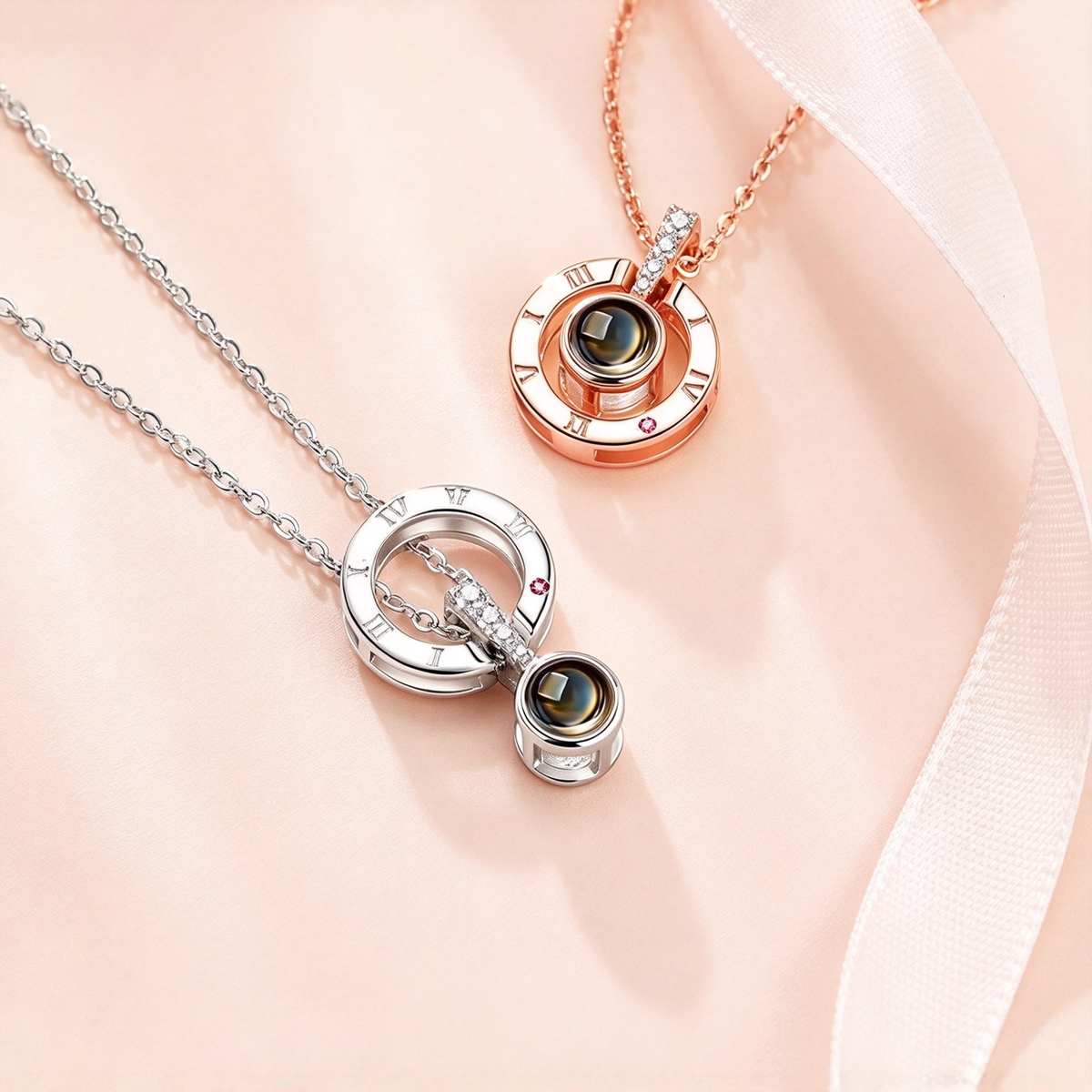 Round pendant with Roman numeral details displayed beside a heart-shaped graphic surrounded by multilingual text.