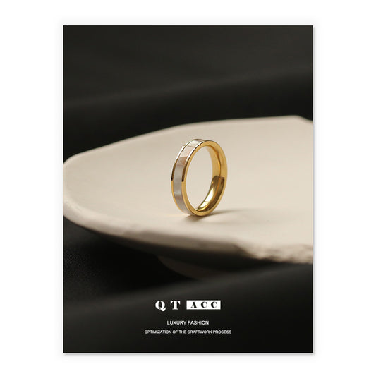 High color retention vacuum plating real gold natural shell jewelry Korean retro Internet celebrity titanium steel French mother shell ring female