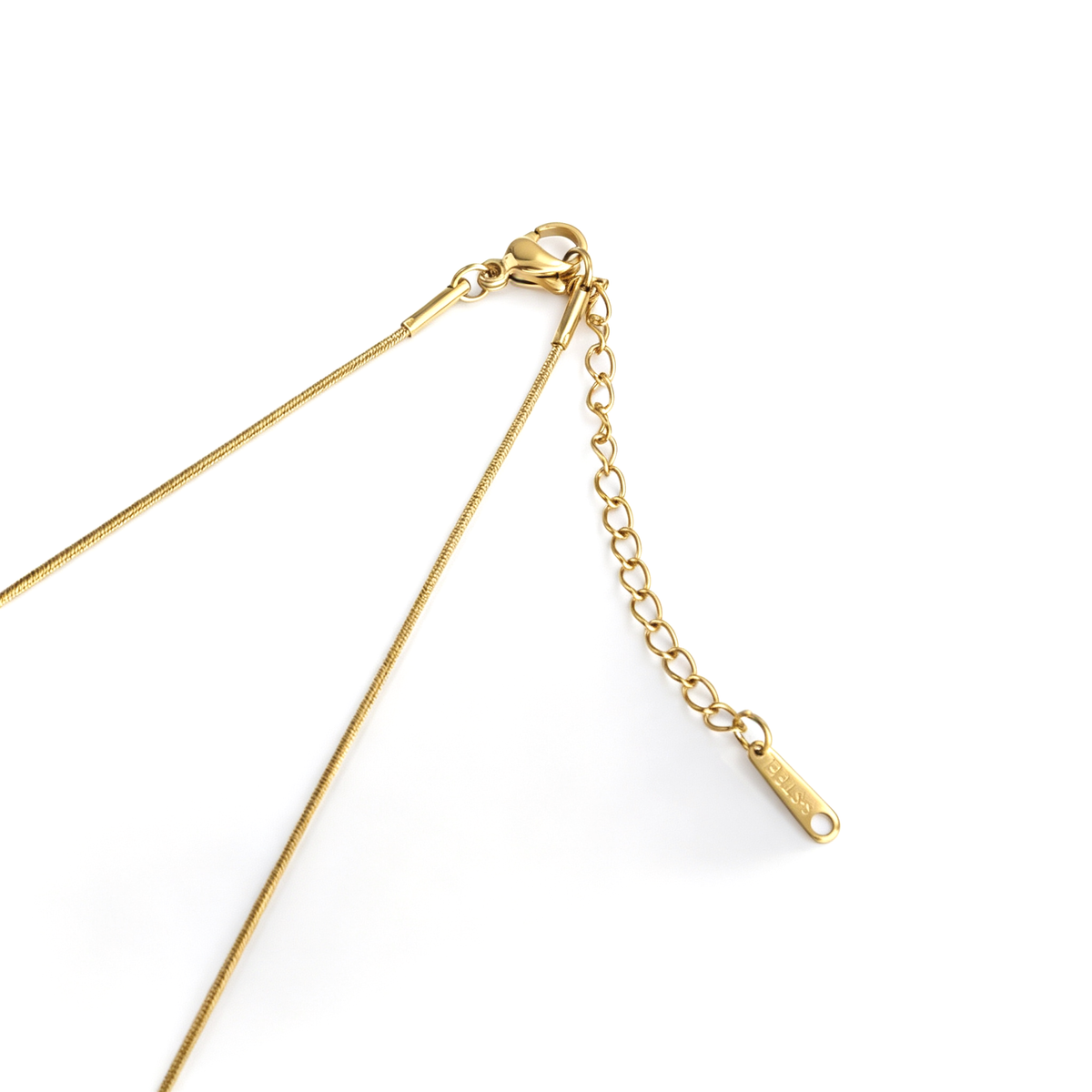 Detailed close-up of gold-tone lobster clasp, extension chain, and stainless steel logo tag.