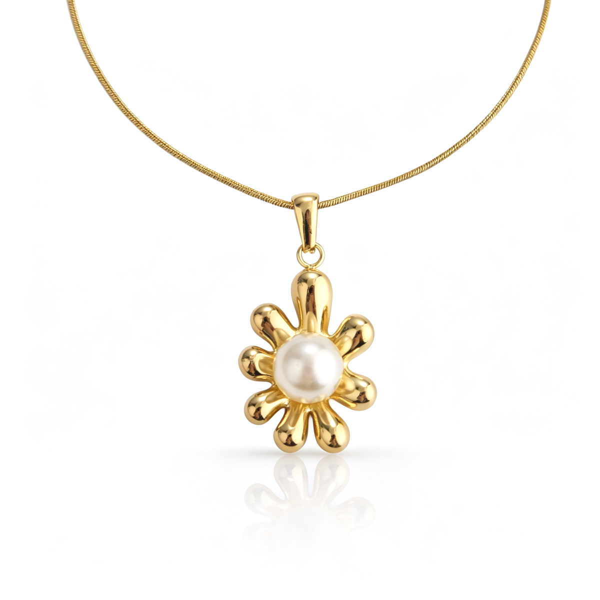 Front view of a polished 18k gold-plated floral pendant with smooth petals and a central pearl.