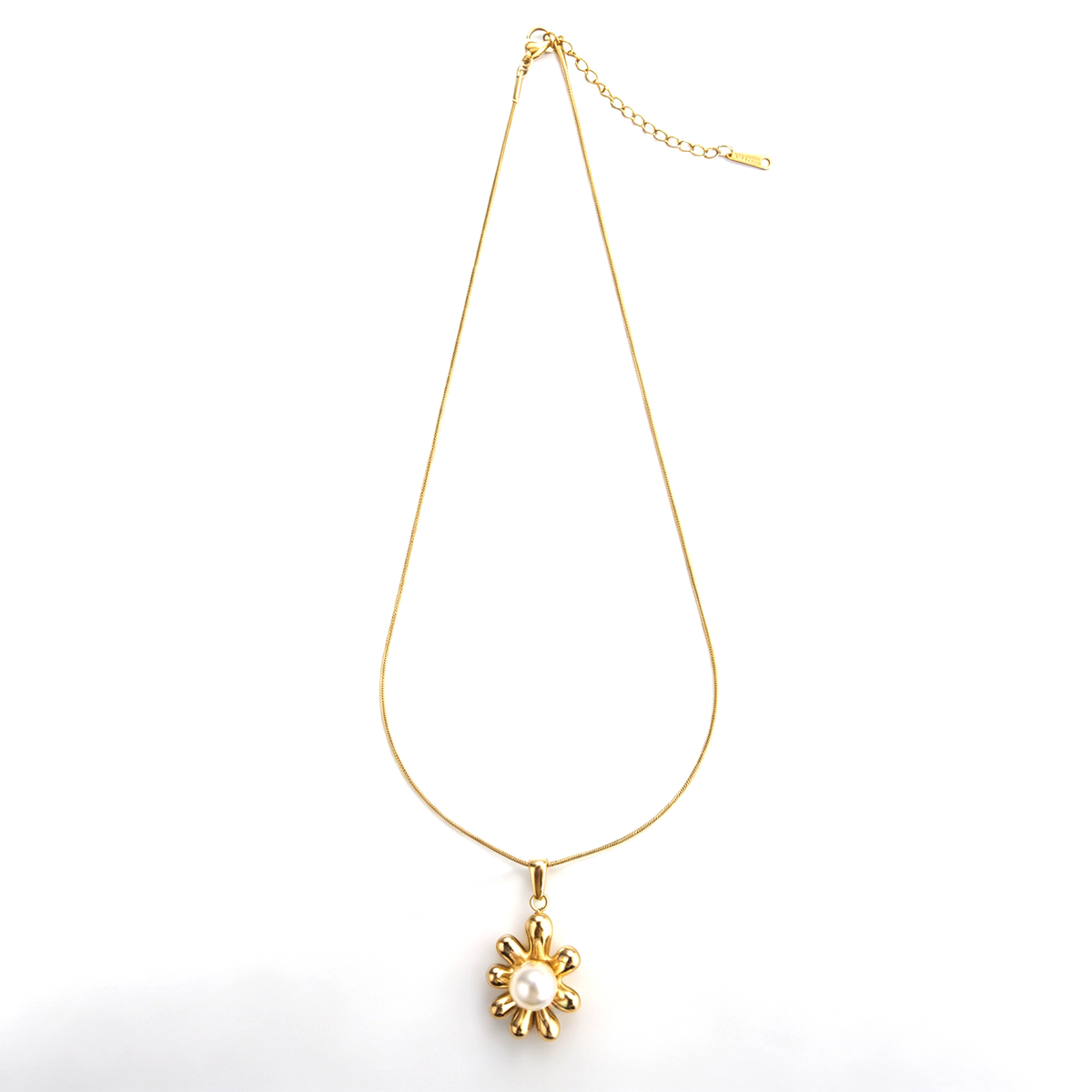 Full view of an 18k gold-plated titanium steel snake chain necklace with a flower pearl pendant.