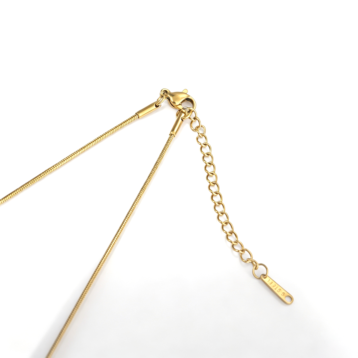 Close-up of gold-plated lobster clasp, extender chain, and stainless steel logo tag.