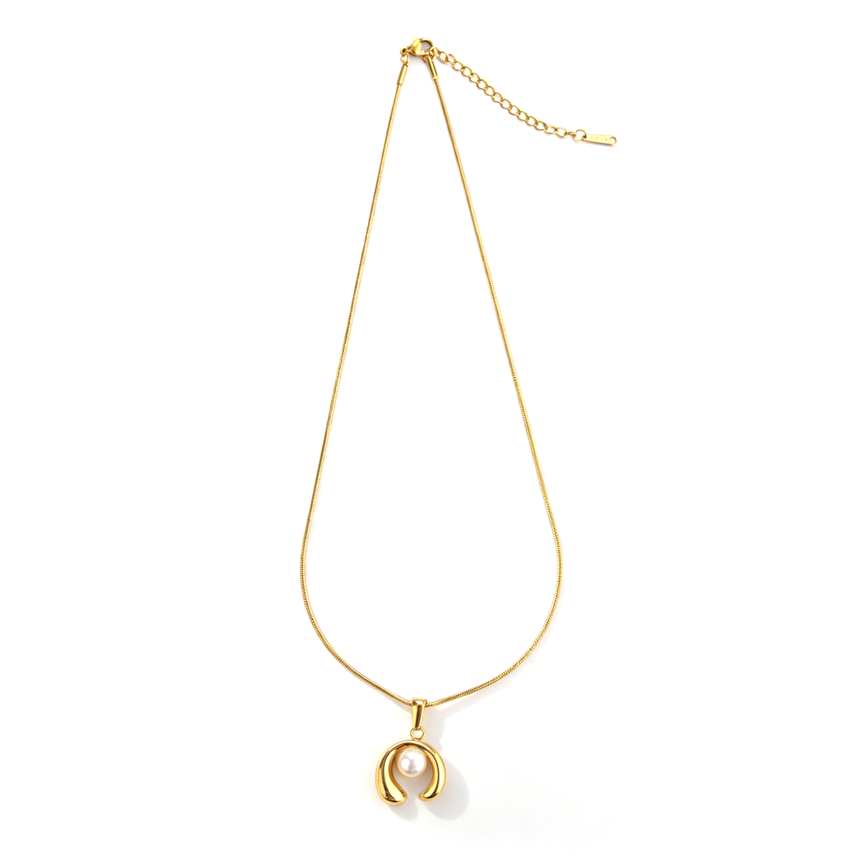 Full layout of a gold-plated titanium steel snake chain necklace with a pearl arch pendant.