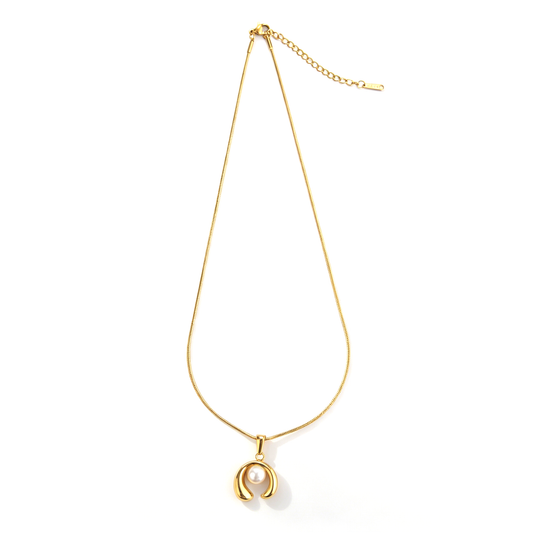 Full layout of a gold-plated titanium steel snake chain necklace with a pearl arch pendant.