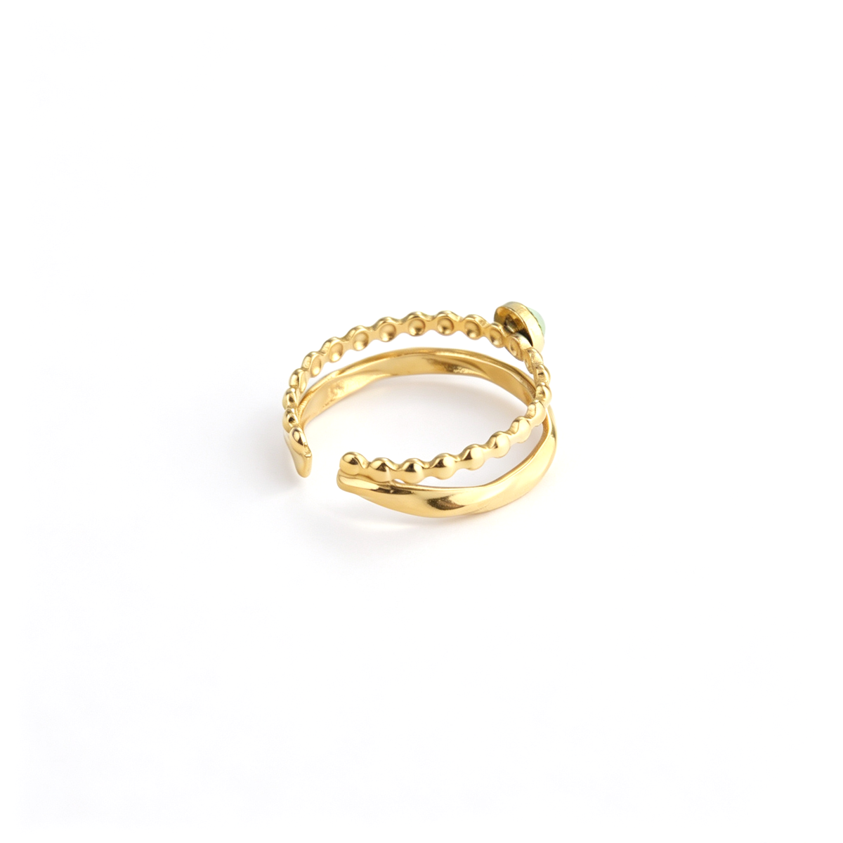 Back perspective highlighting the dual plain and beaded strands of the resizable gold-plated band.