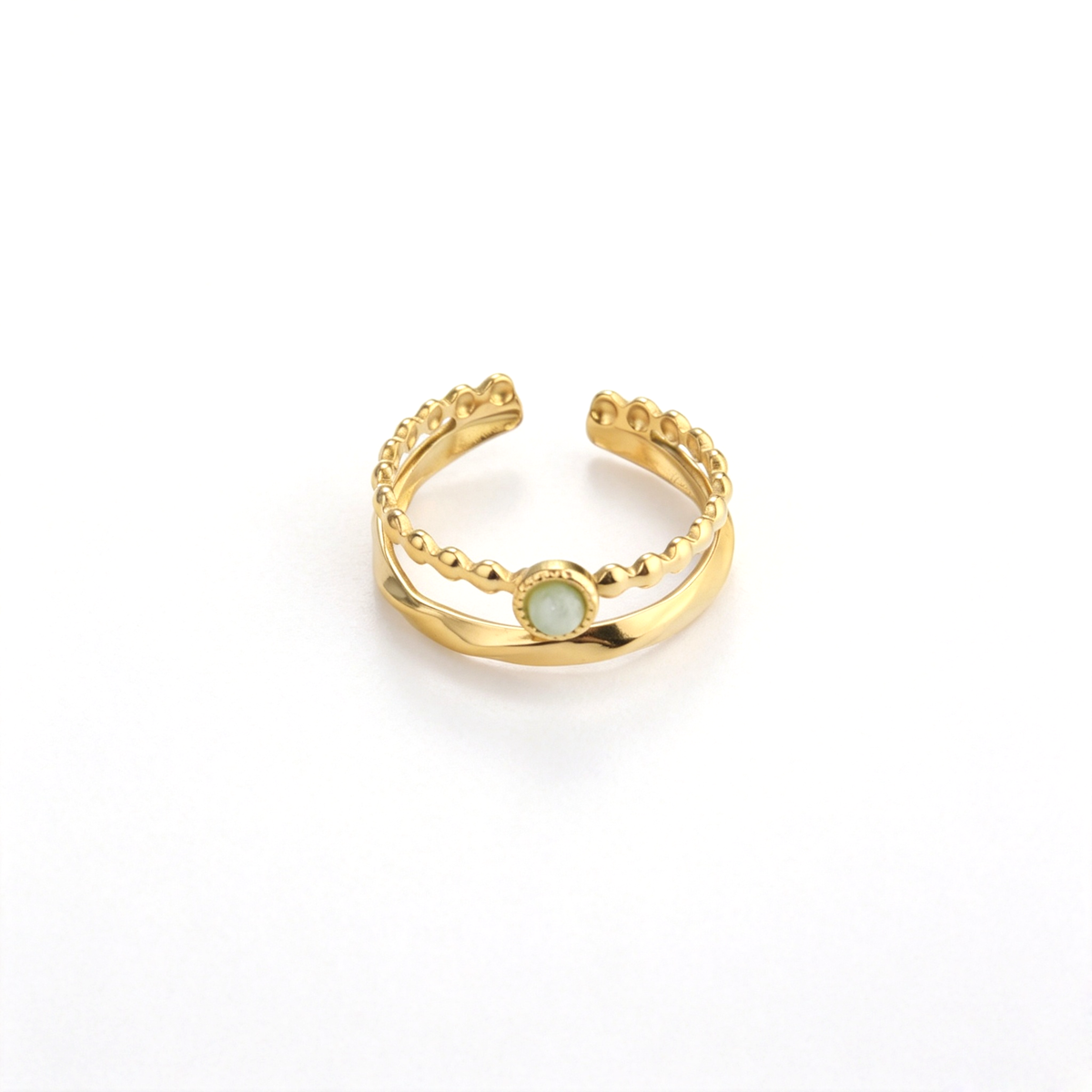 Front view of the 18k gold-plated double-band ring showcasing the round bezel-set green crystal.