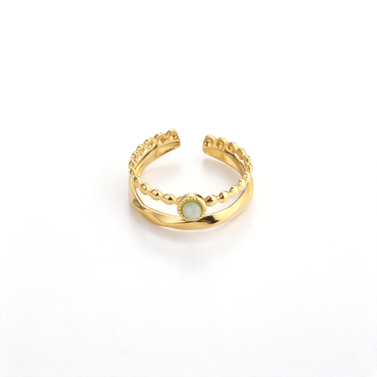 Front view of the 18k gold-plated double-band ring showcasing the round bezel-set green crystal.