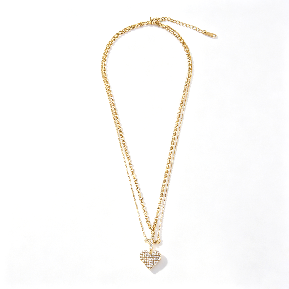 Full layout shot of the 18k gold-plated stainless steel layered cross and heart pendant necklace.