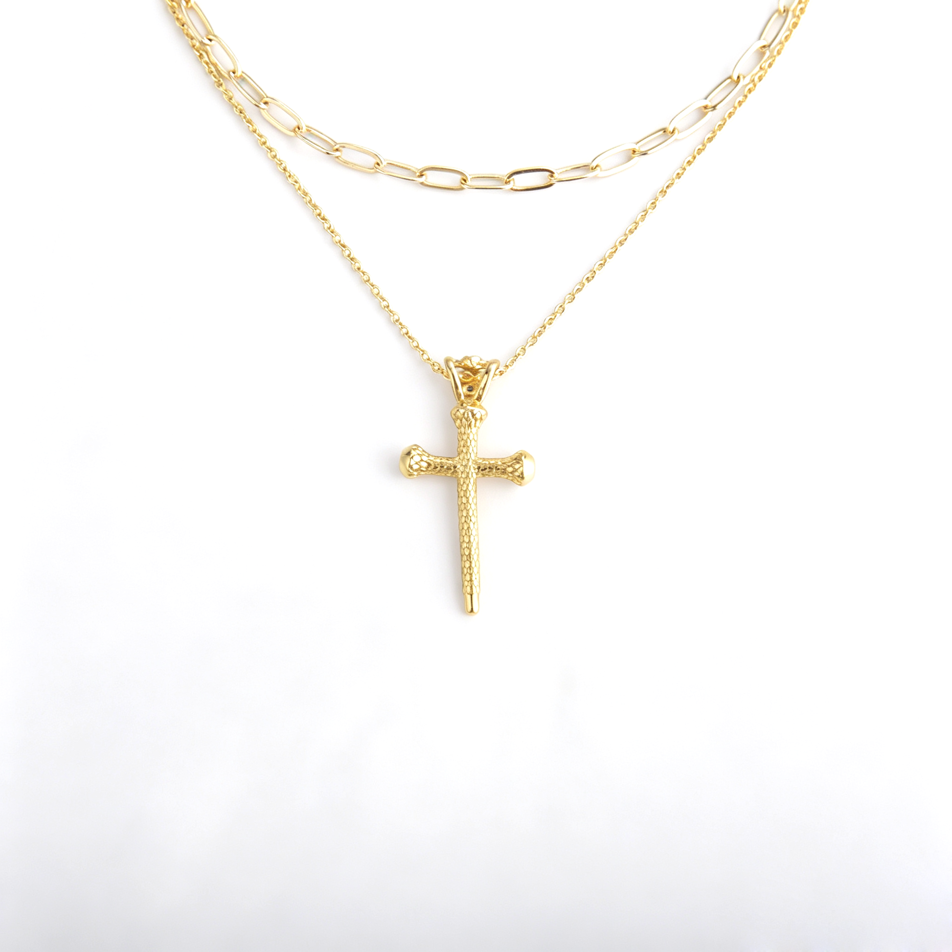 18k gold plated brass layered cross necklace featuring paperclip chain and textured cross pendant