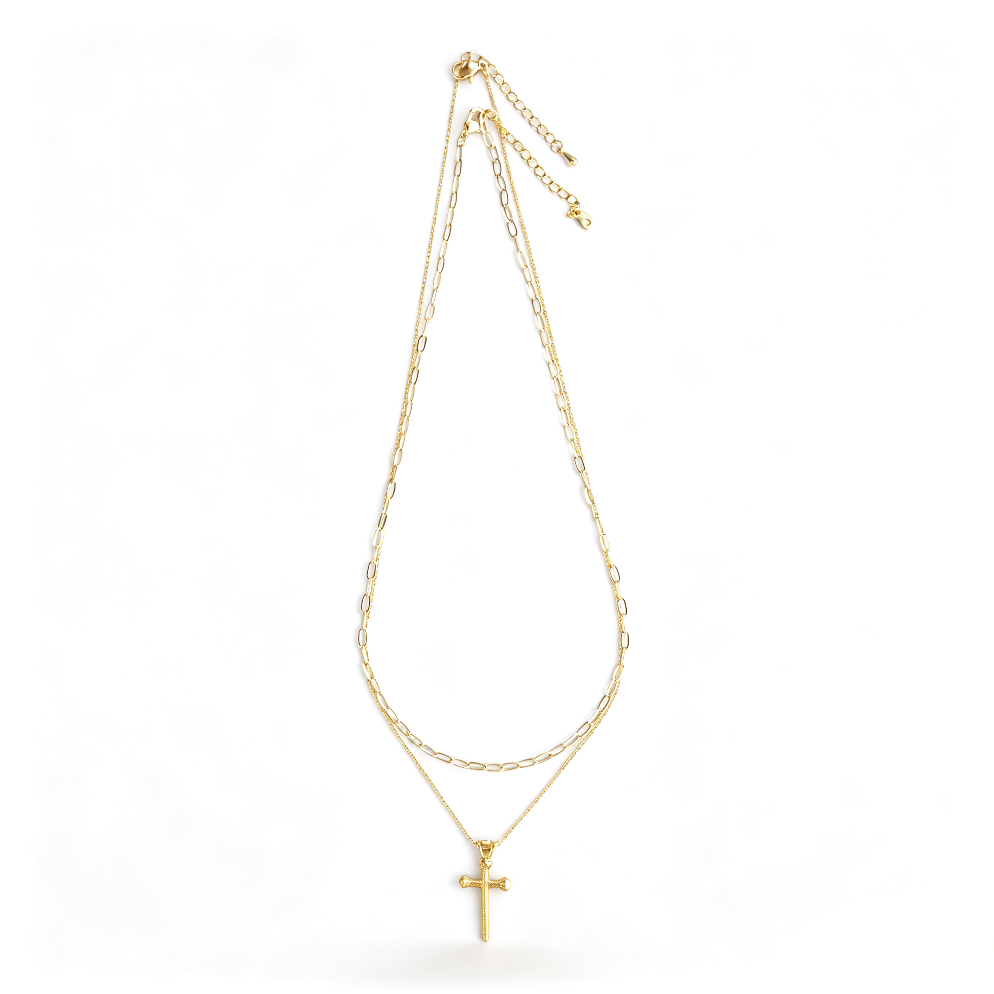 Dual lobster clasps and extension chains on 18k gold plated brass layered necklace set