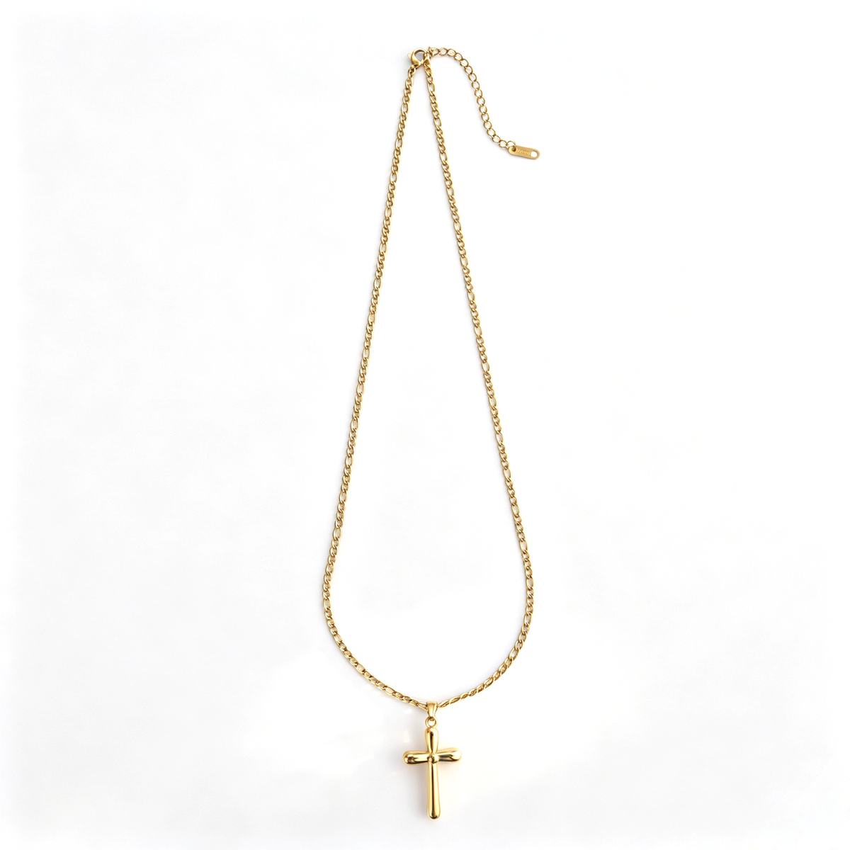 Full layout shot of the 18k gold plated stainless steel cross pendant necklace with adjustable chain.