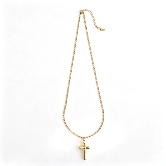 Full layout shot of the 18k gold plated stainless steel cross pendant necklace with adjustable chain.
