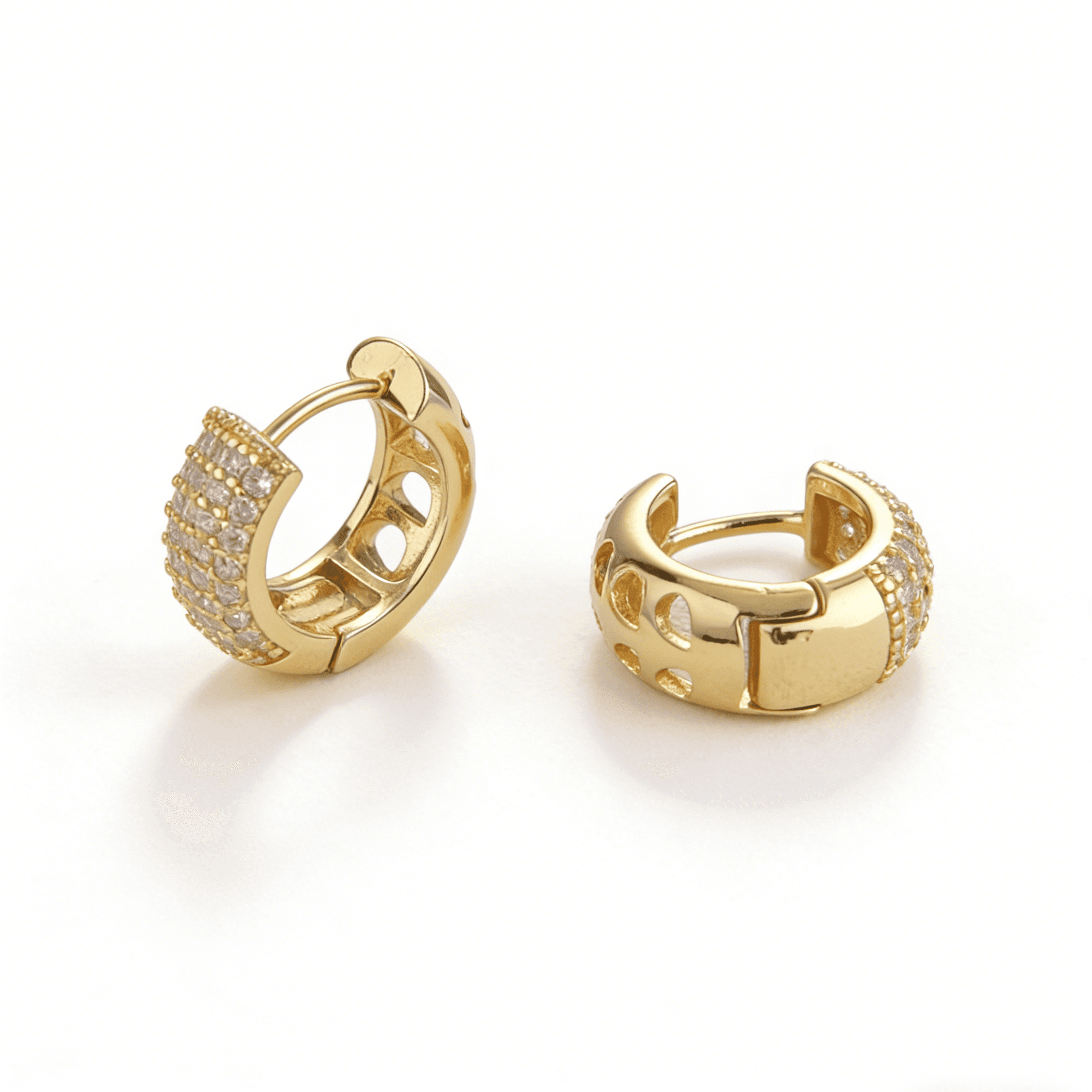 Pair of 18k gold plated small hoop earrings with tarnish-free finish and sparkling pavé details.