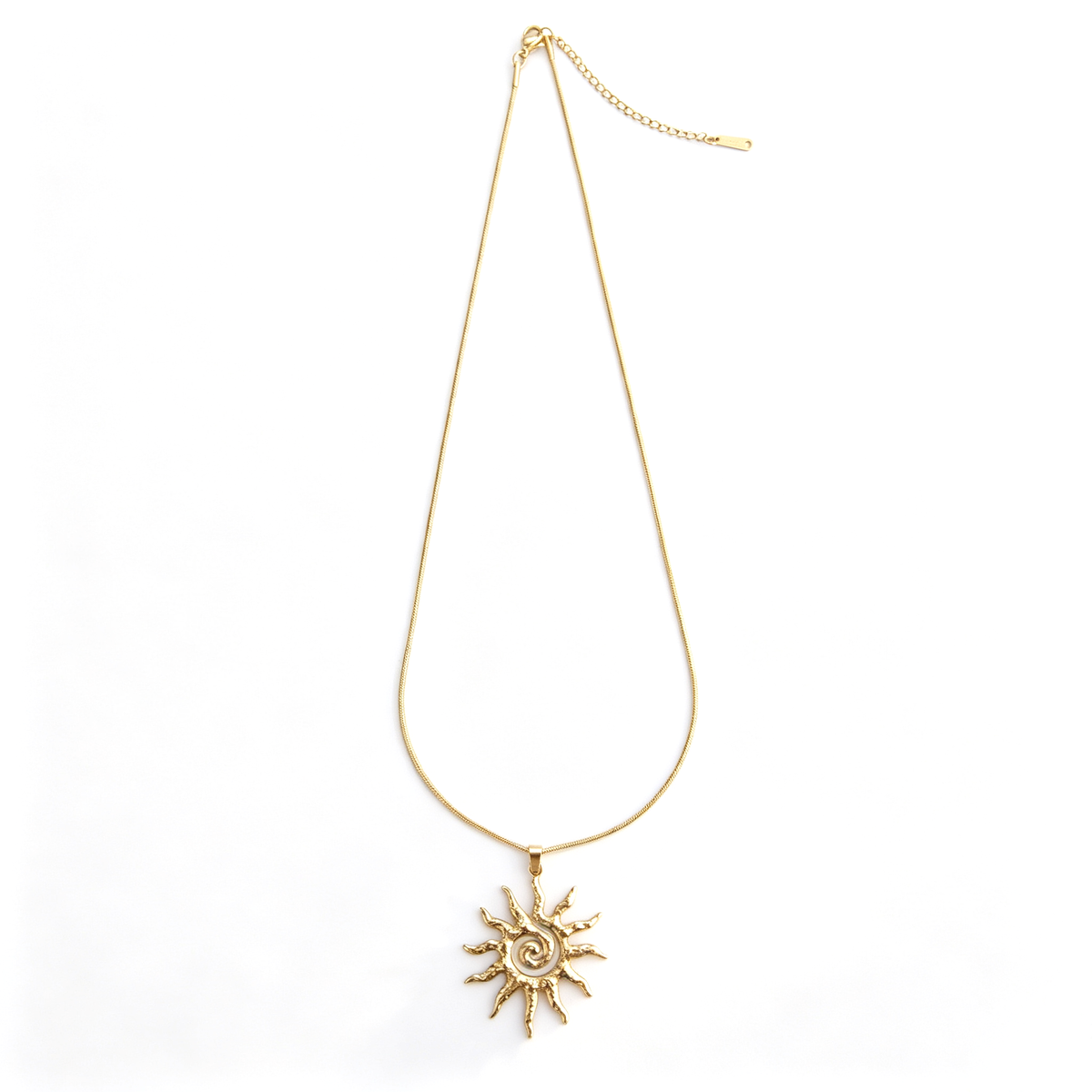 Full product layout view of the 18k gold-plated titanium steel spiral sunburst snake chain necklace.