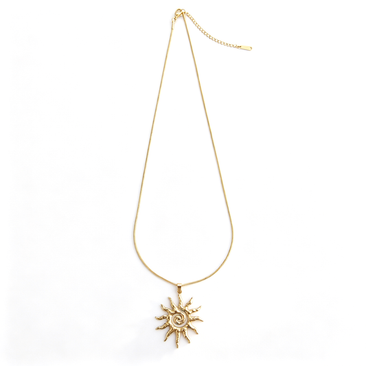 Full product layout view of the 18k gold-plated titanium steel spiral sunburst snake chain necklace.
