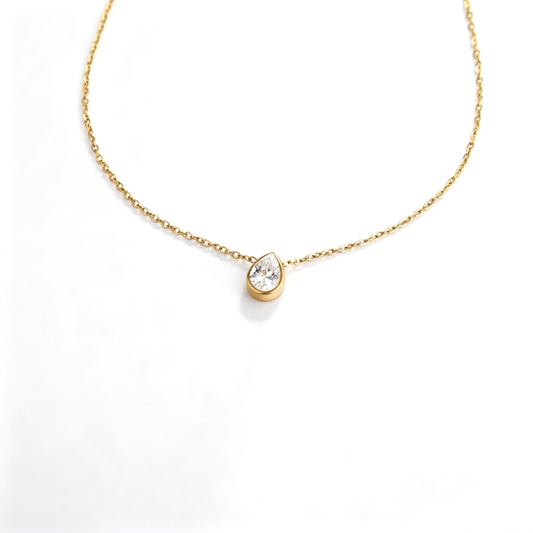 18K gold plated stainless steel teardrop cubic zirconia solitaire pendant necklace on white background