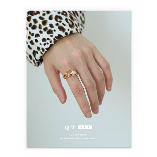 High color retention brass electroplated real gold/natural real pearl/gold foil, retro Internet celebrity bird's nest line jewelry ring