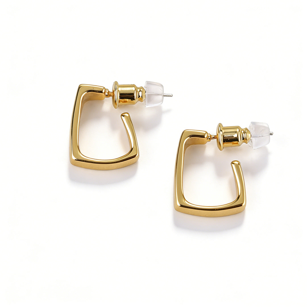 Hypoallergenic 925 silver post on a pair of gold square earrings, safe for sensitive ears.