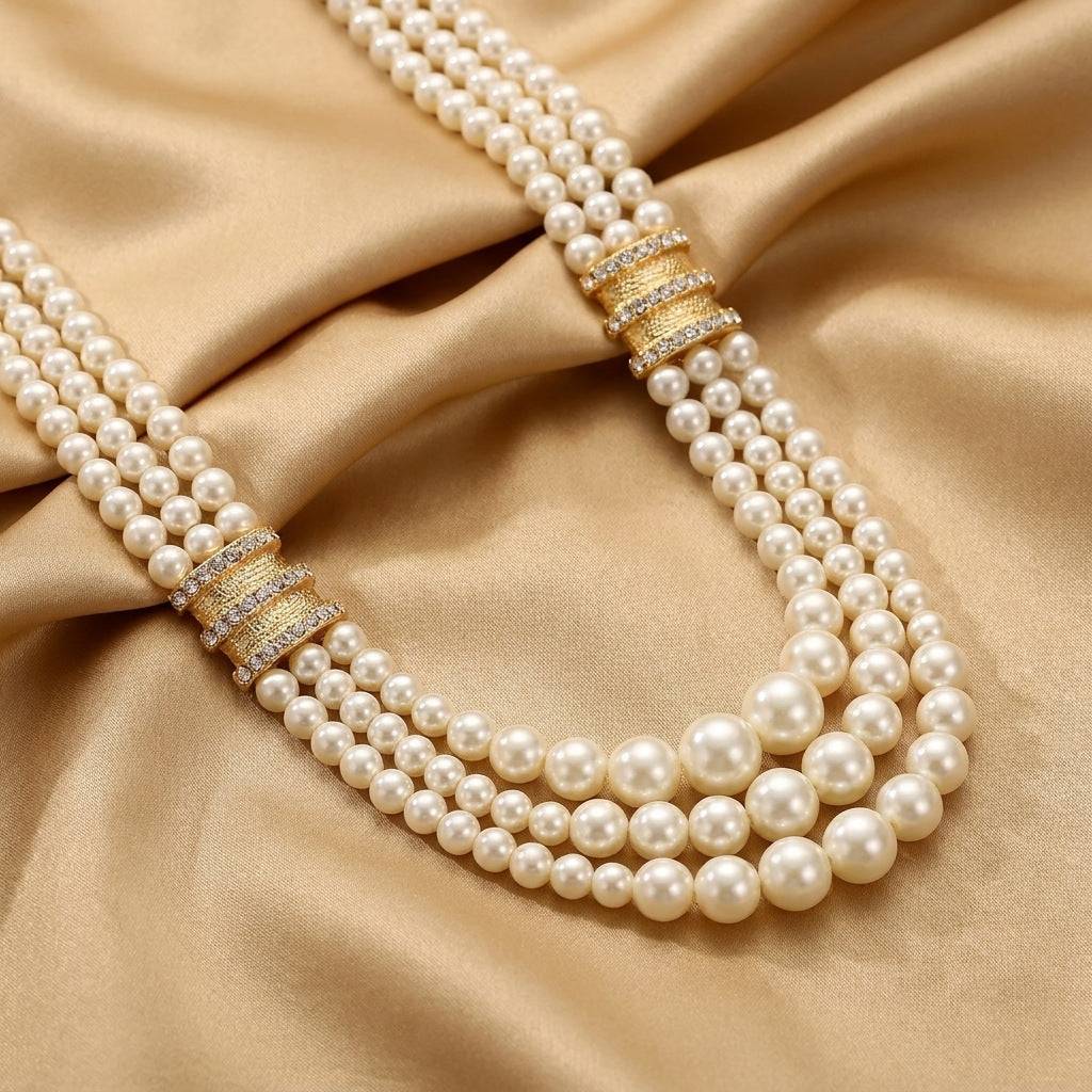Close-up of the vintage Audrey Hepburn multi-strand pearl necklace showcasing the gradient size pearls on a luxurious champagne gold satin silk background.