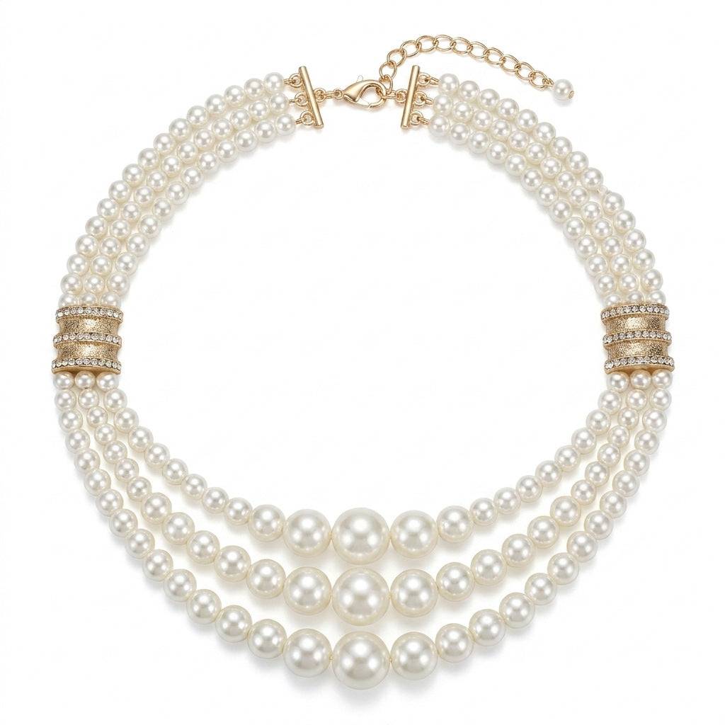 Studio product shot of the 3-strand retro pearl statement choker with real gold-plated rhinestone bars and an adjustable lobster clasp, isolated on white background.