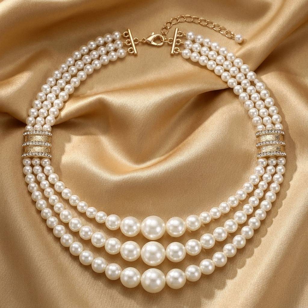 Flat lay of the iconic mid-century style multi-layer pearl necklace featuring a copper base and heavy gold electroplated crystal spacer bars on champagne satin.