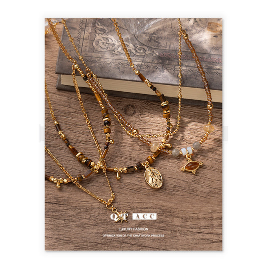 European and American retro cross-border fashion brass gold-plated high-end tiger's eye stone agate zircon necklace simple and versatile necklace