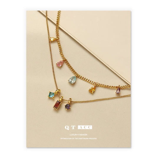 Brass plated with 18K real gold, European and American ins fashion and elegance temperament summer color zircon pendant necklace necklace jewelry women
