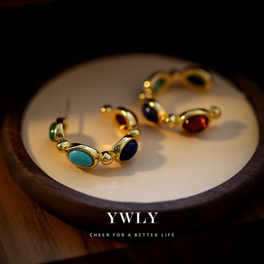 European and American medieval light luxury earrings, French retro ethnic style multi-colored natural stone surrounding C-shaped earrings, new women