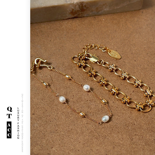 French fashion temperament classic jewelry Korean versatile high-end brass plated 18k gold natural pearl bracelet women