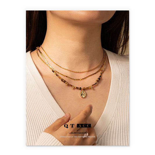 European and American retro cross-border fashion brass gold-plated high-end tiger's eye stone agate zircon necklace simple and versatile necklace