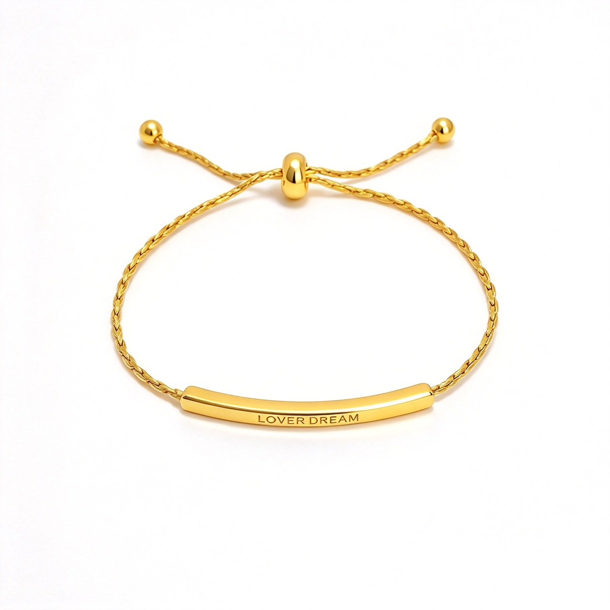 Adjustable bar bracelet with a curved engraved bar and sliding chain shown on a white background.