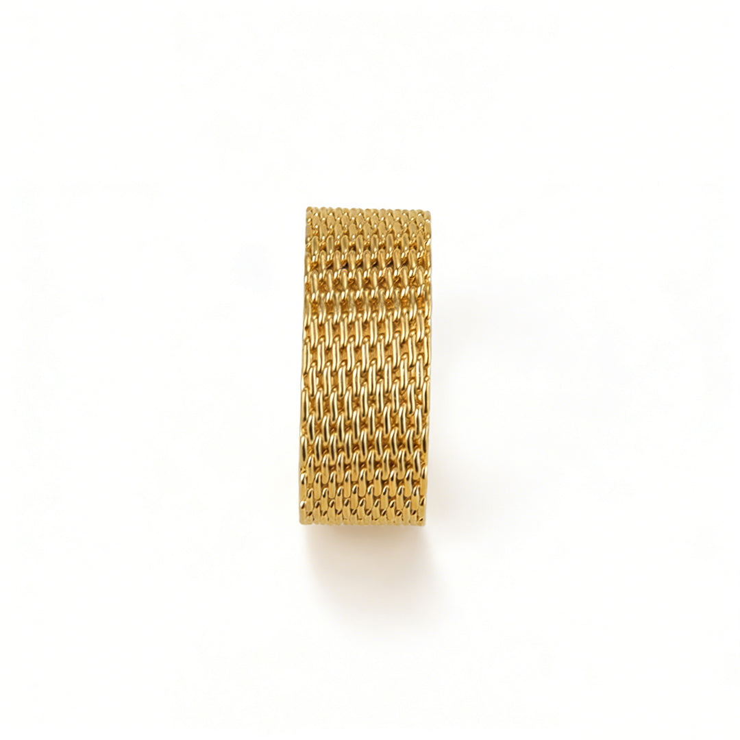Adjustable irregular gold ring with a fluid molten texture.