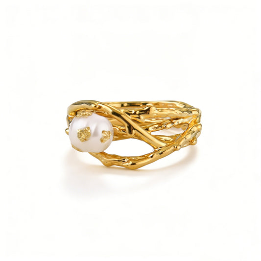 Close-up of an adjustable pearl rings for women, showcasing handcrafted wire wrapped rings craftsmanship.