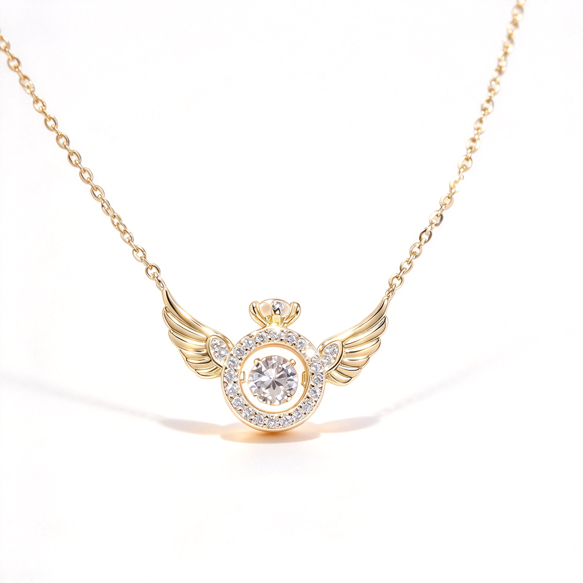Angel wing halo pendant necklace displayed against a clean white background.