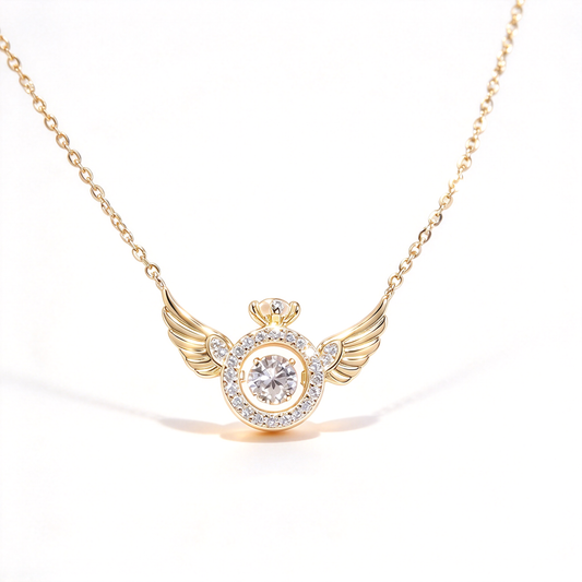 Angel wing halo pendant necklace displayed against a clean white background.
