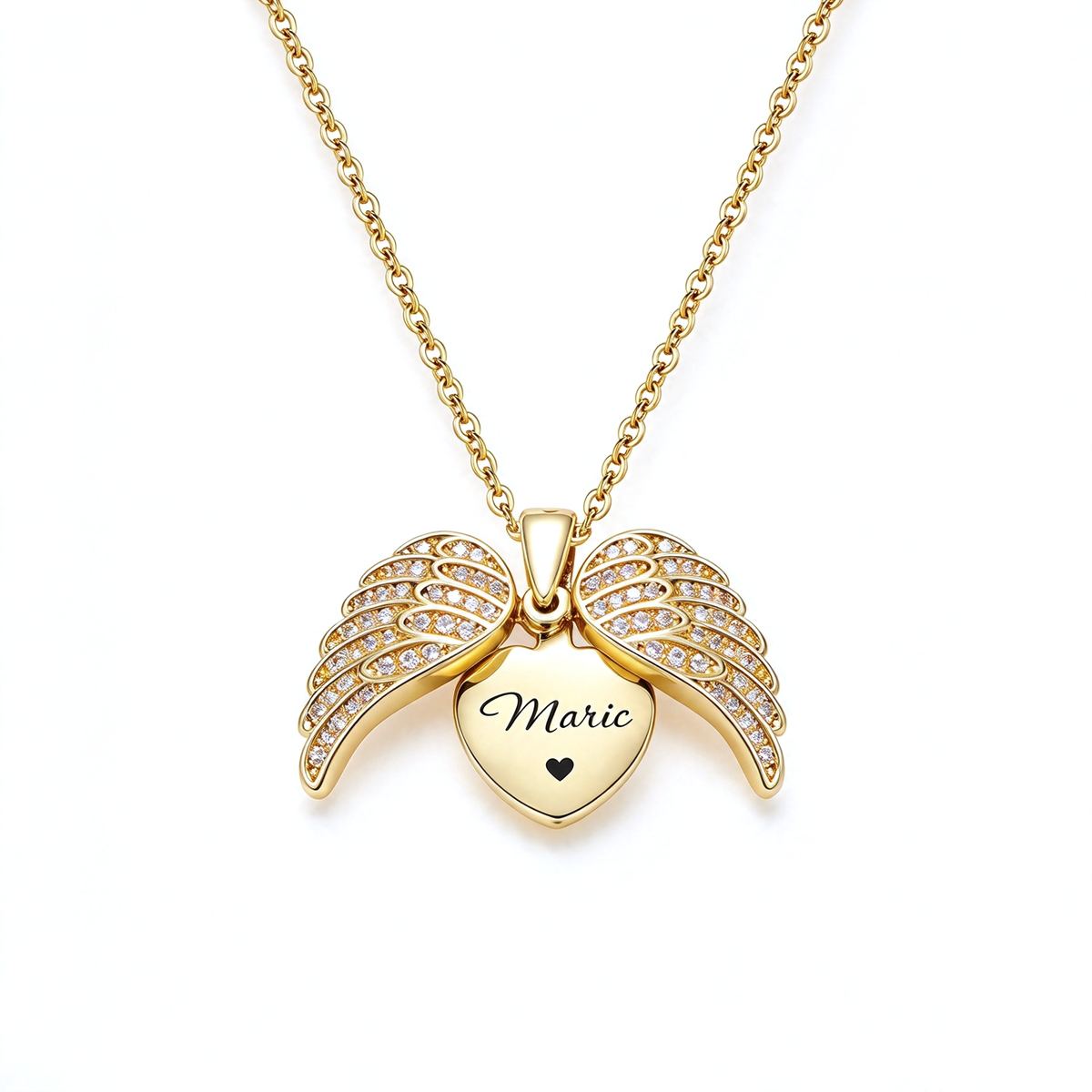 Personalized angel wings heart pendant necklace with engraved lettering and a small heart detail.