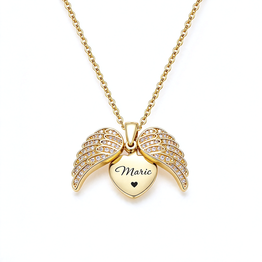 Personalized angel wings heart pendant necklace with engraved lettering and a small heart detail.