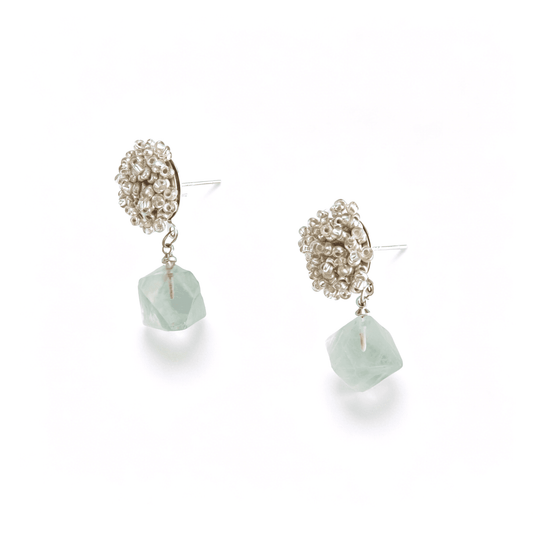 Front studio profile of the silver beaded top green aventurine drop earrings showcasing the faceted geometric crystal charms.