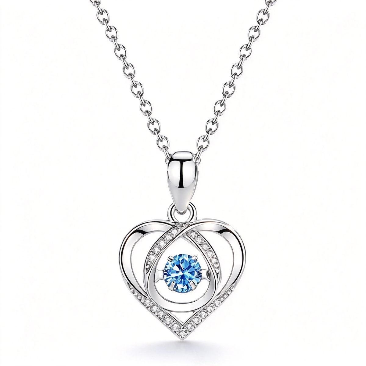 Blue heart halo pendant necklace with a layered heart outline and blue center accent, shown on a white background.