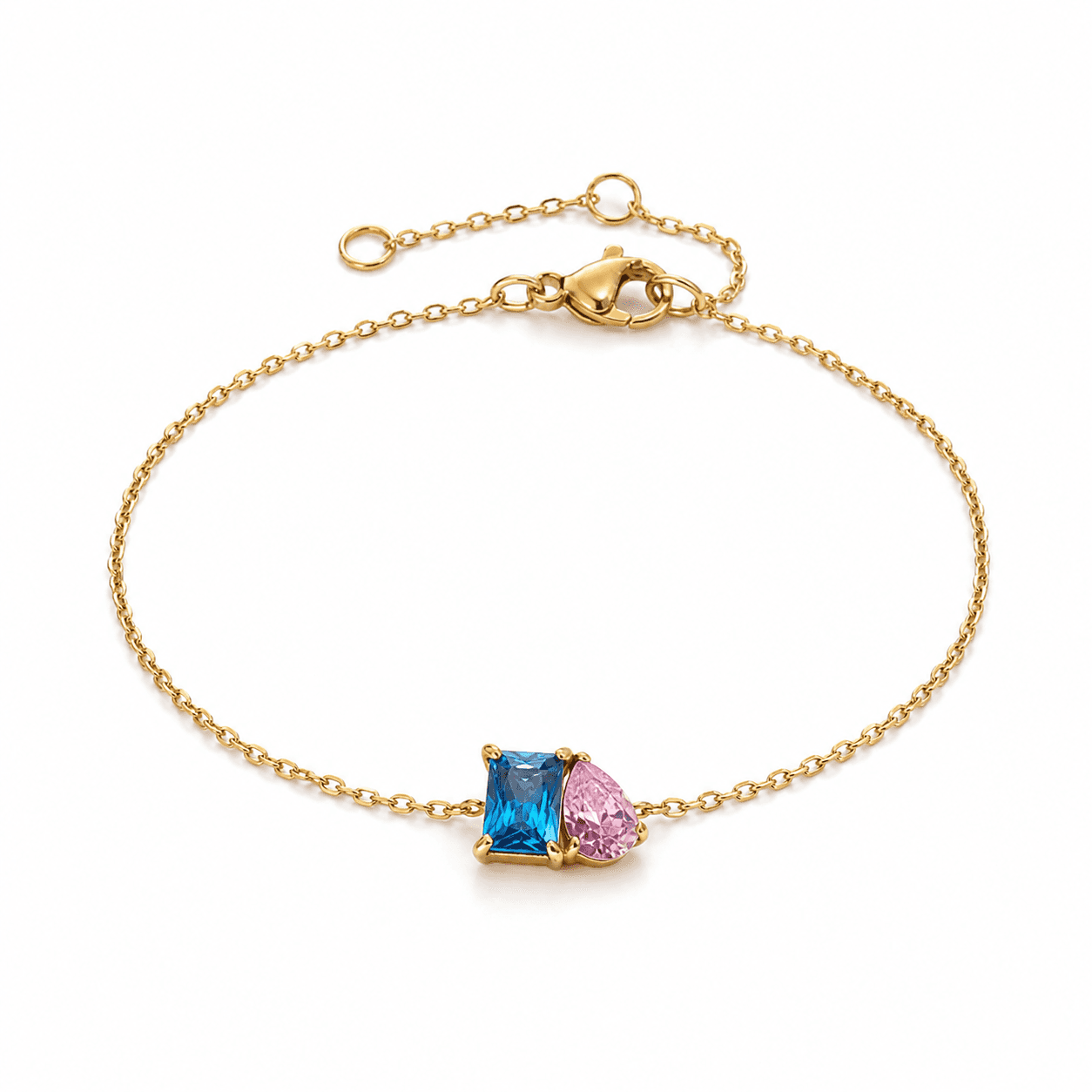 Three-quarter view of a blue and pink two-stone bracelet with gold-plated chain and lobster clasp
