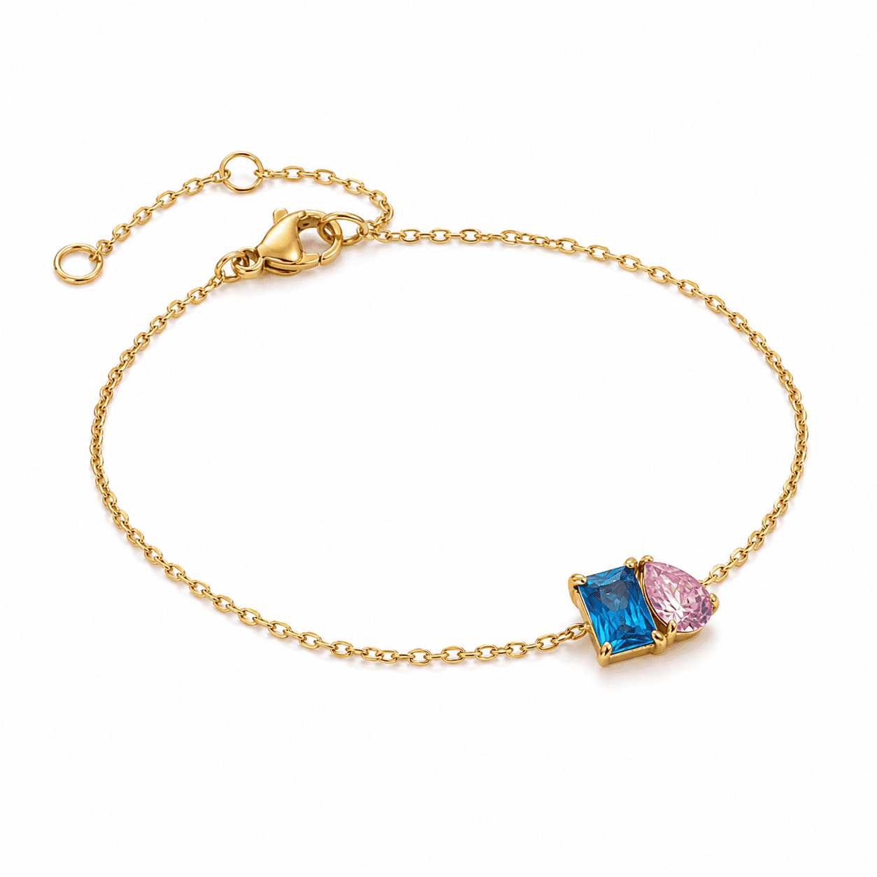 Opposite three-quarter view of a delicate blue and pink two-stone bracelet on a white studio surface