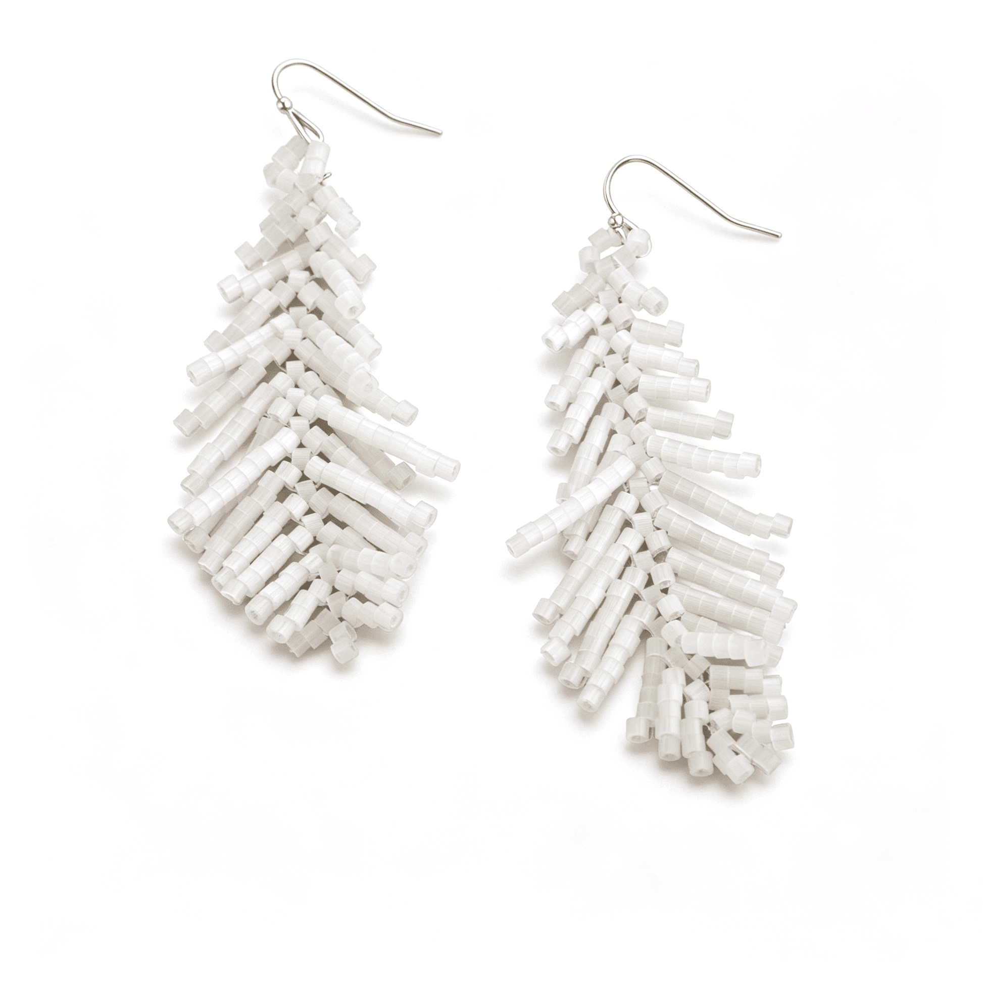 Detailed close-up of the bohemian woven bead feather drop earrings, highlighting the ultra-lightweight and flexible bugle bead matrix.