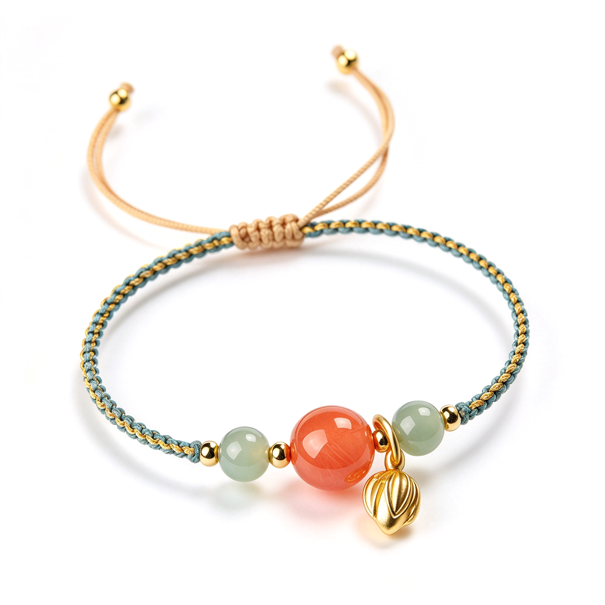 Braided bead charm bracelet displayed on a white background with a central orange bead and dangling charm.