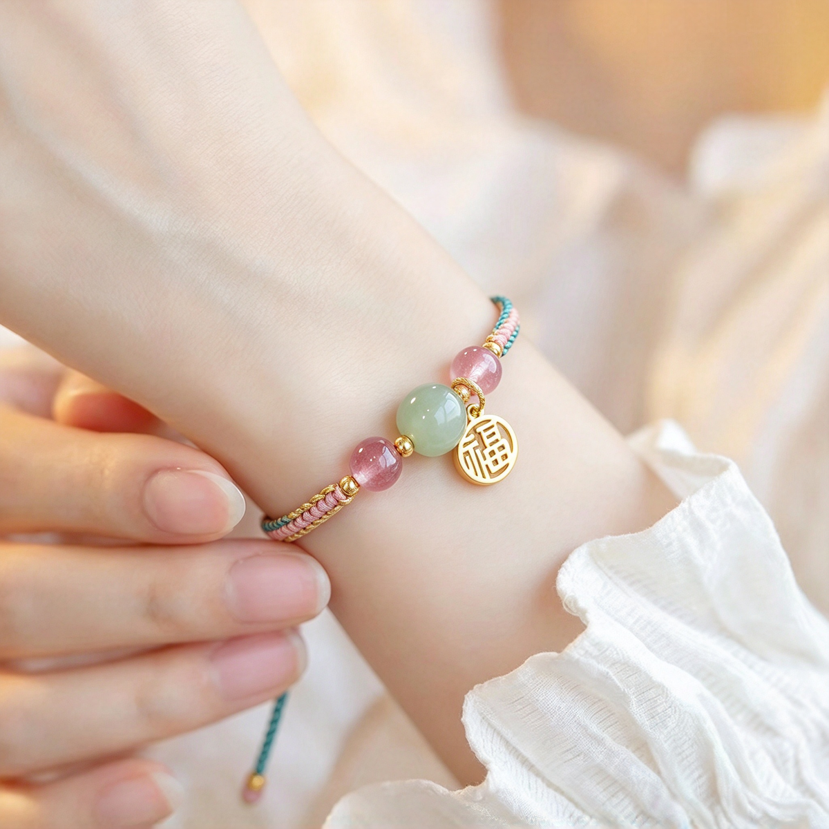 Close-up of the braided bracelet worn on a wrist, showing its colorful beads and hanging charm.